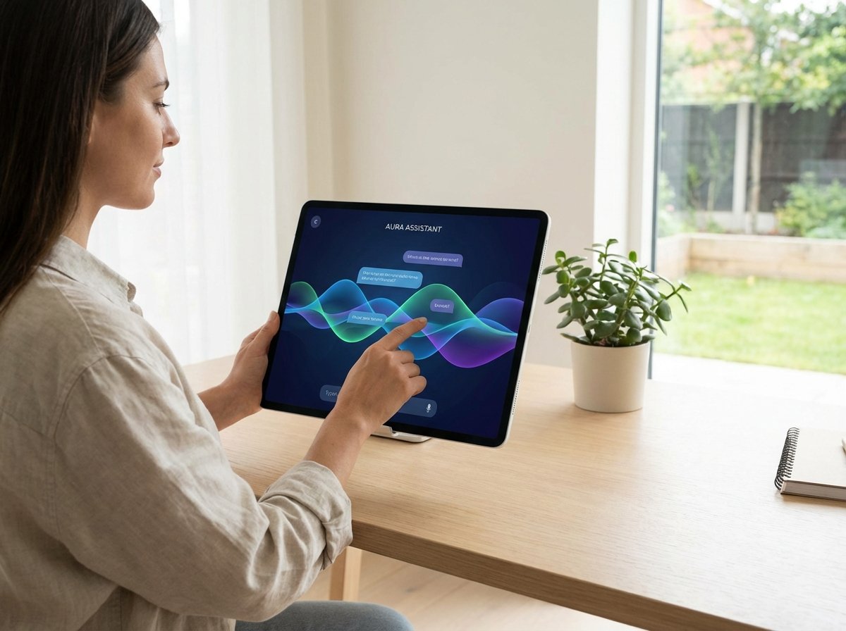 A person interacting with a tablet computer displaying a sophisticated AI assistant interface, chat interface with colorful elements, modern minimalist home office environment, natural sunlight, 4:3