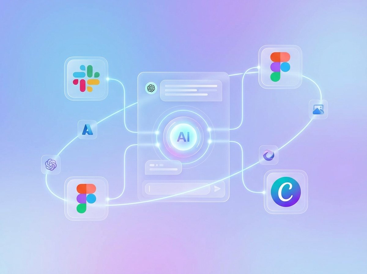A futuristic and clean digital workspace showing a central AI chat interface connected to various app icons like Slack, Figma, and Canva. Modern infographic style with a soft blue and purple gradient background. No text. 4:3