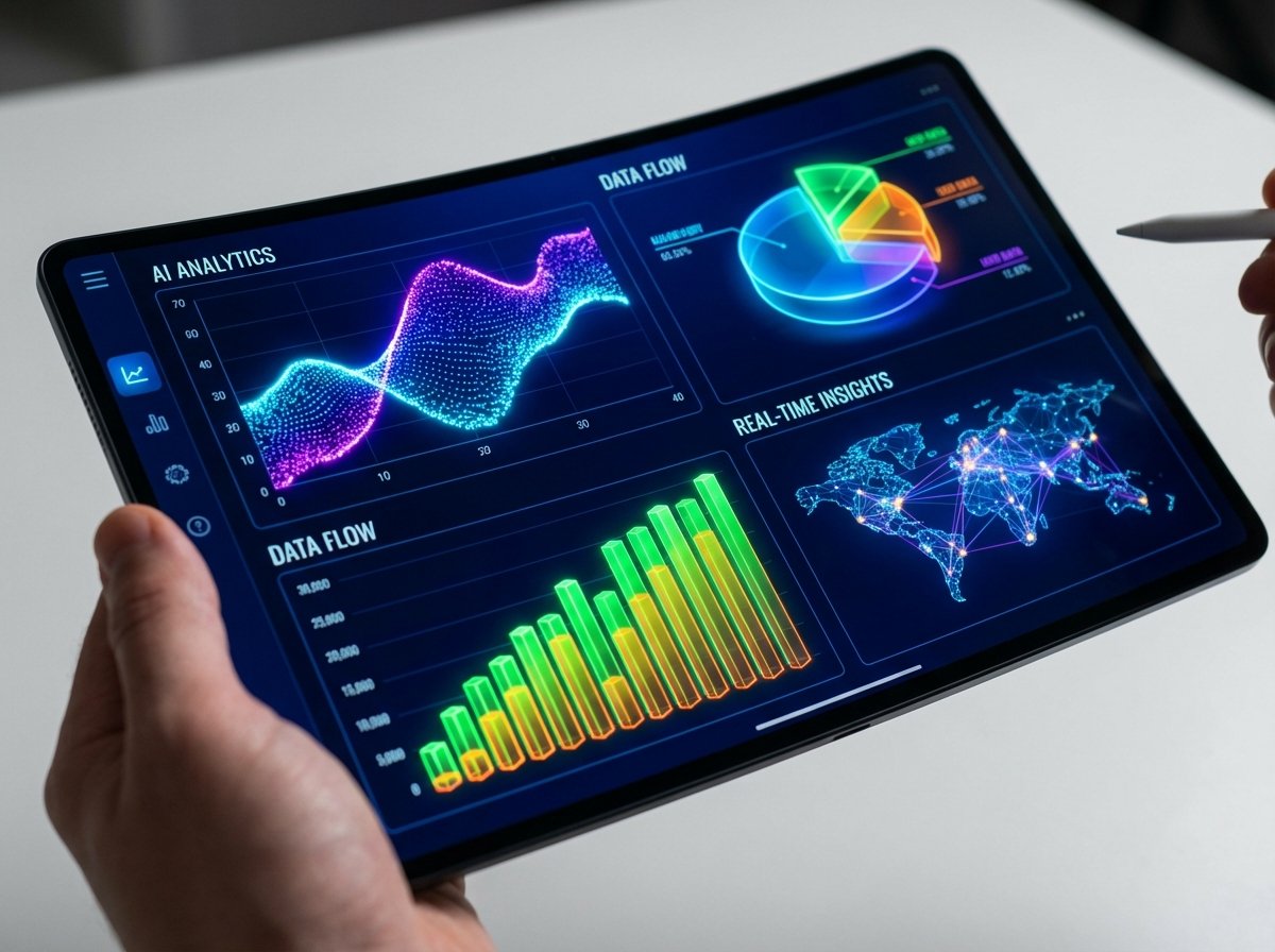 A close-up of a tablet screen displaying colorful and interactive data charts and analytics generated by an AI. Modern layout with high contrast and vibrant colors. 4:3