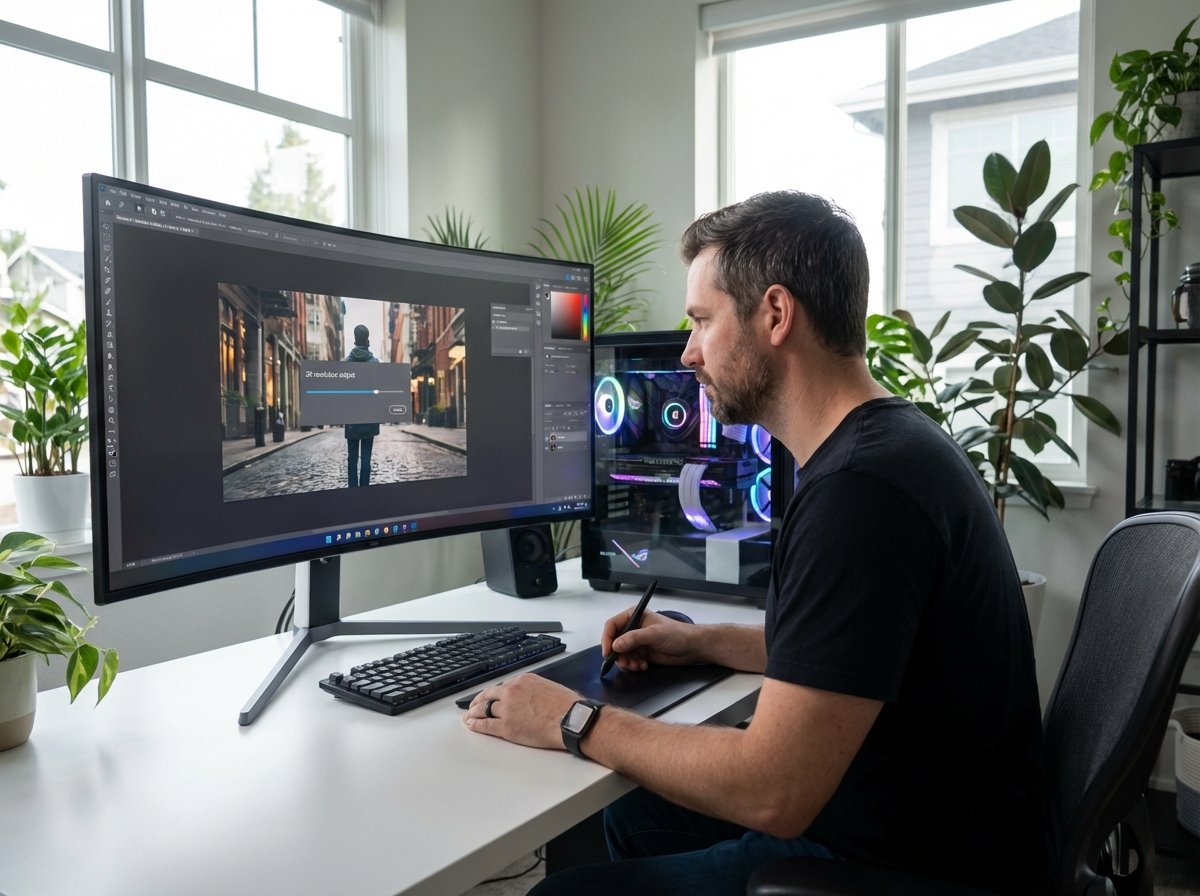 A professional graphic designer using Photoshop AI on a high-end computer with a large monitor. The screen shows the generative fill interface with a 2K resolution output. The workspace is a modern creative studio with soft lighting. 4:3