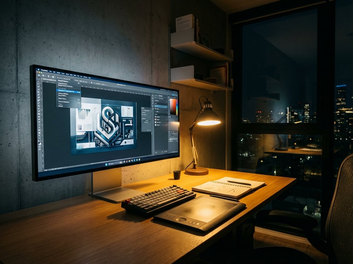 A sleek, minimalist home office of a designer at night. A large 5K monitor displays Photoshop with advanced AI tools active. The room is lit by the soft blue glow of the screen and a warm desk lamp. Cinematic atmosphere. 4:3
