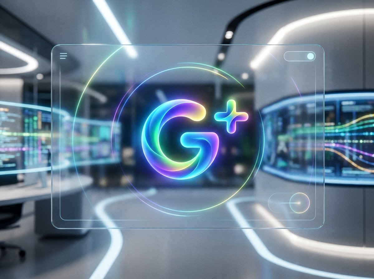 A modern and clean digital interface showing the Google AI Plus logo with vibrant colors. The background features a soft bokeh of a futuristic office setup. High contrast and bright lighting. No text. 4:3