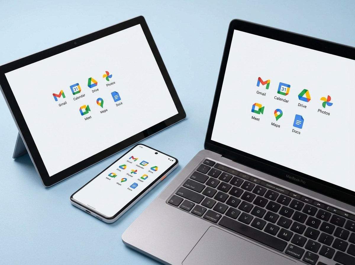 A collection of various devices like a tablet, smartphone, and laptop showing synchronized icons of Google apps. Clean and professional composition with a soft blue background. 4:3