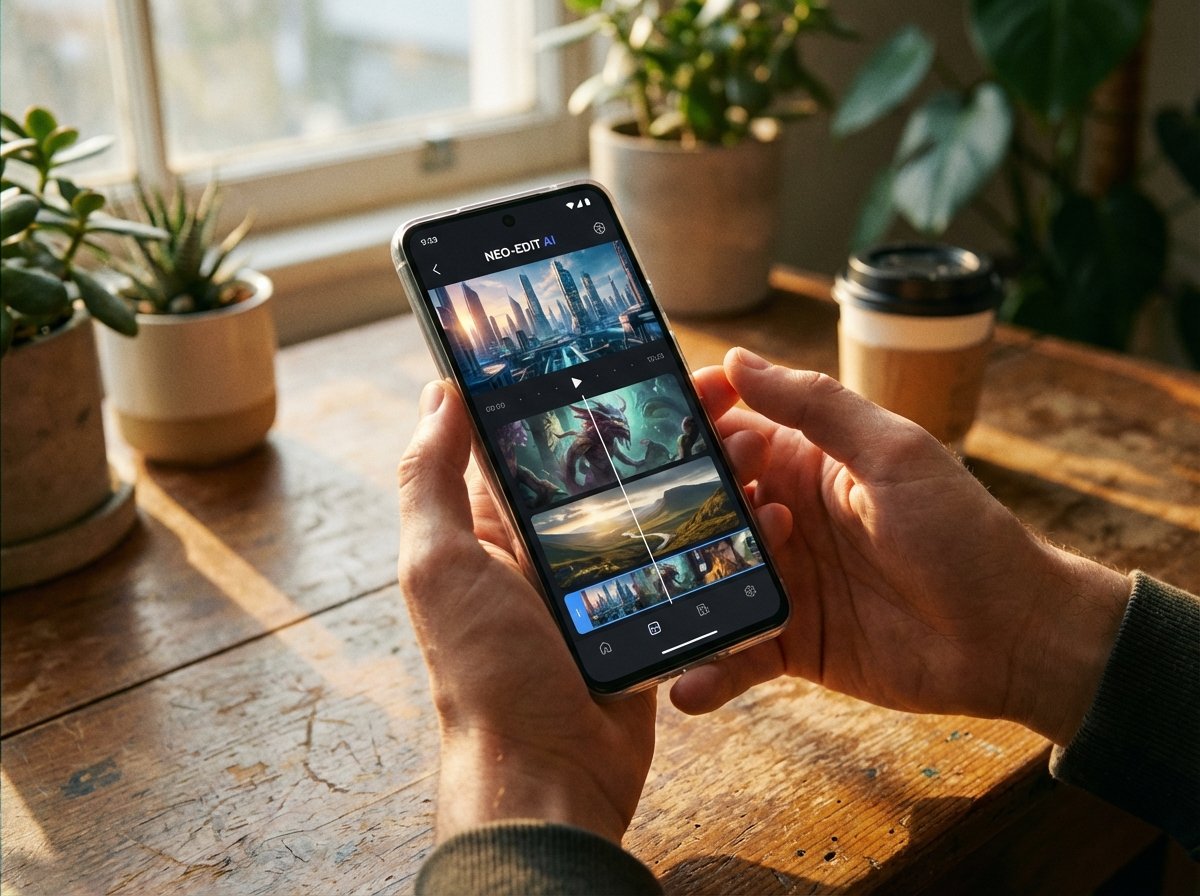 Close up shot of hands holding a modern smartphone. The screen shows a vibrant video editing app interface with AI-generated cinematic clips. The lighting is warm and natural, suggesting a creative home environment. 4:3