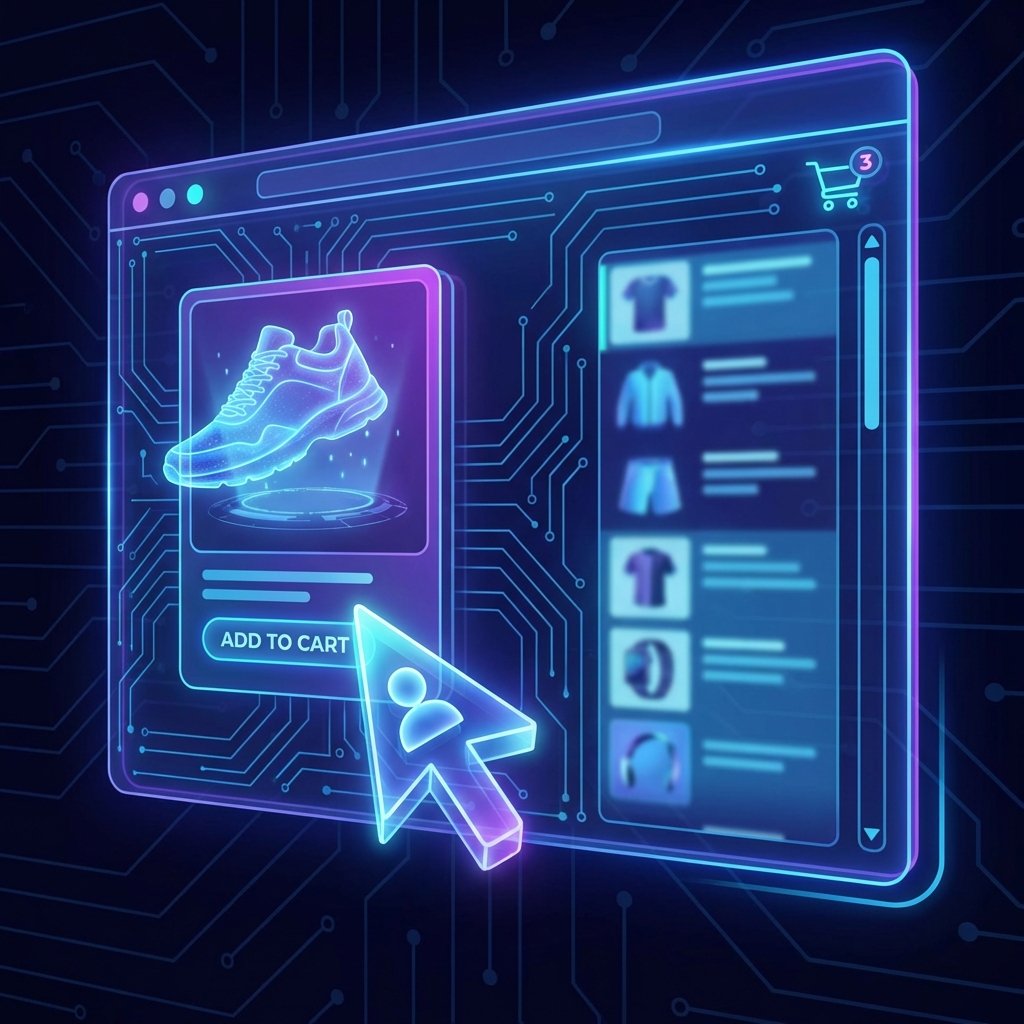 Digital agent icon clicking buttons and scrolling a shopping website on a browser screen, adding items to a cart, futuristic technology style, blue and purple glow, 1:1