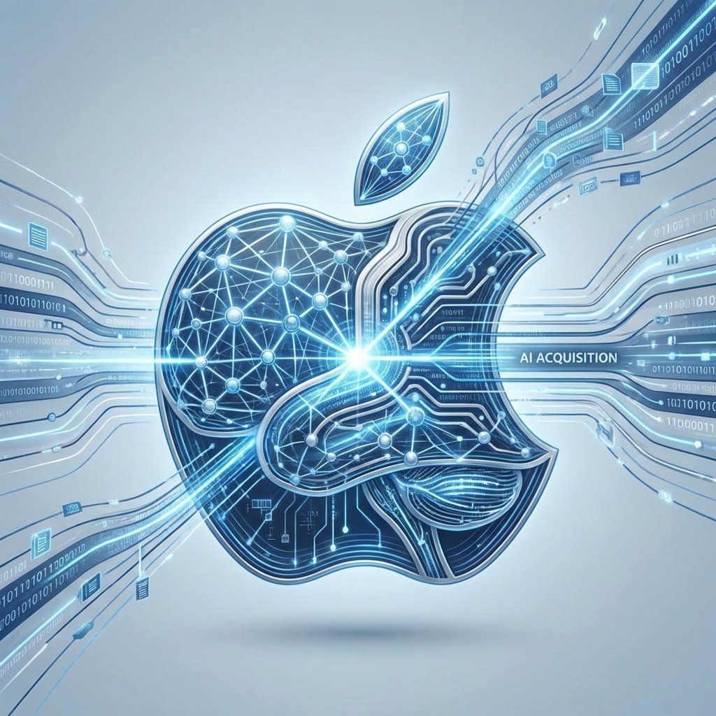 A minimalist and modern conceptual illustration of the Apple logo integrated with a complex neural network and digital data streams, representing high-stakes AI technology acquisition, futuristic and clean aesthetic, blue and silver color palette, 1:1