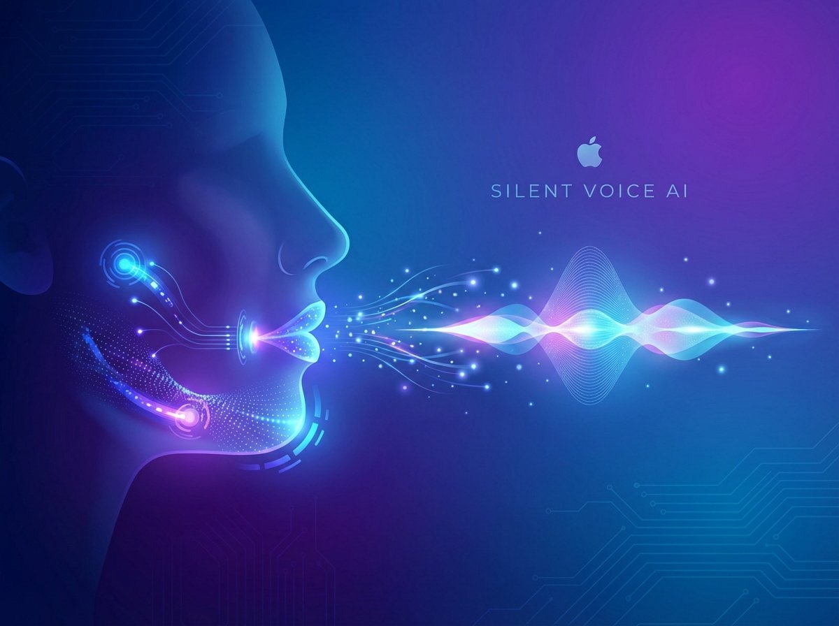 A sleek and modern conceptual illustration representing Apple AI and silent voice recognition technology. In the background, a subtle gradient of blue and purple. In the center, a stylized silhouette of a face with glowing digital sensors around the jaw and lips. The atmosphere is high-tech and sophisticated, showing data streams turning into a Siri-like wave. 4:3