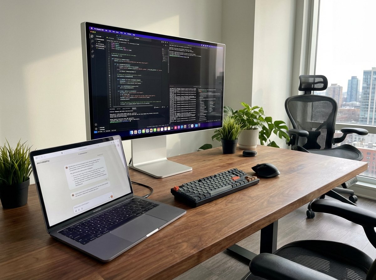 Modern high-tech workspace with Apple computers showing AI code and Anthropic Claude interface, realistic lighting, 4:3