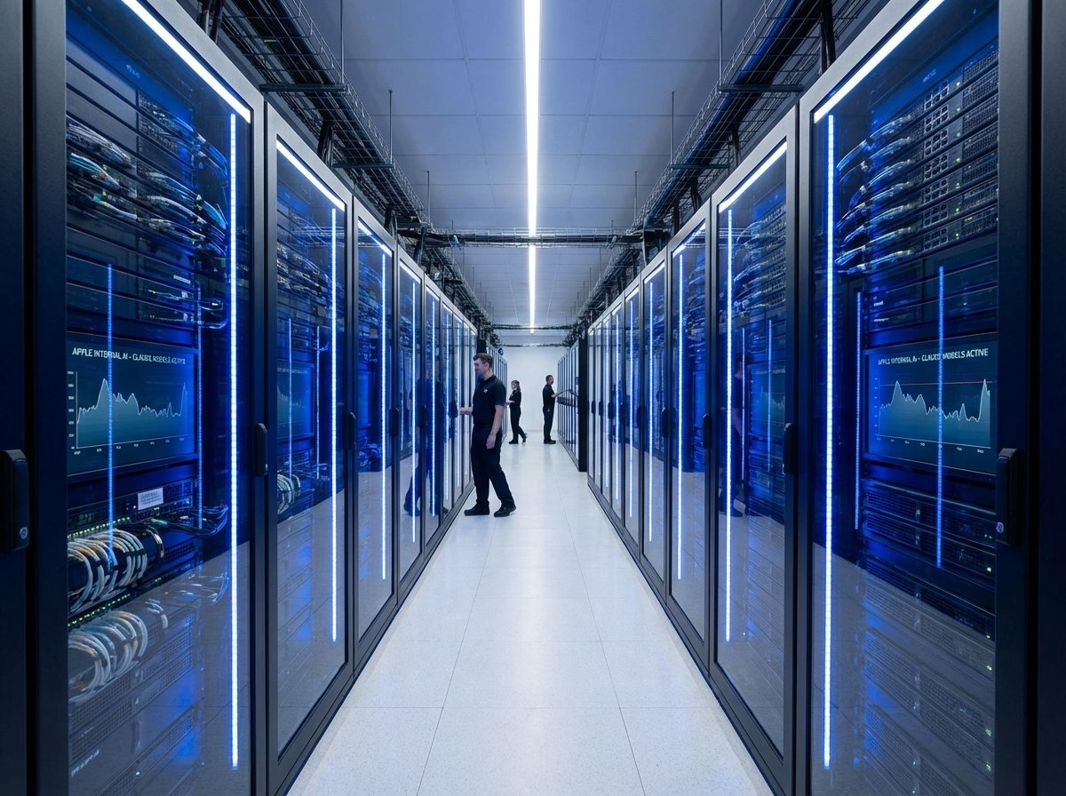 High-end server room with glowing blue lights representing Apple internal AI servers running Claude models, wide shot, 4:3