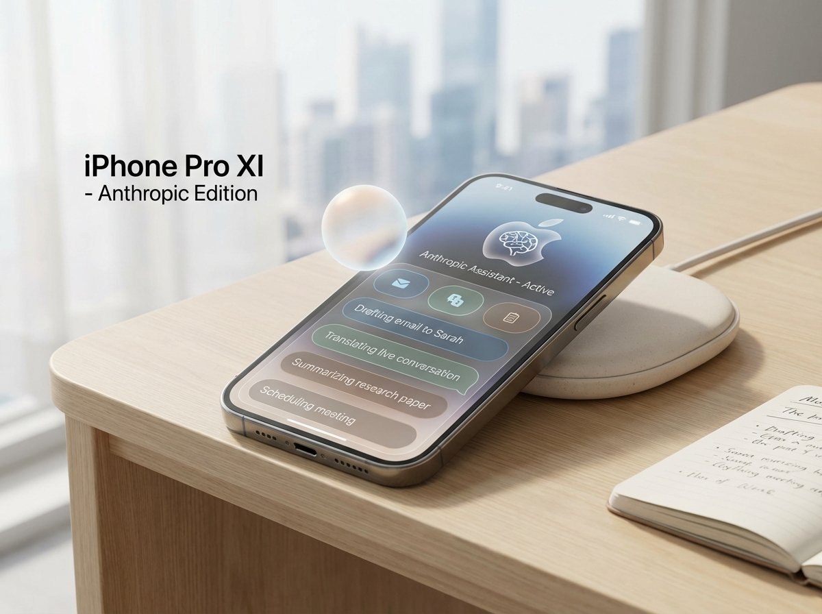 Future iPhone concept showing advanced AI assistance features, clean and elegant presentation, Apple Anthropic theme, 4:3