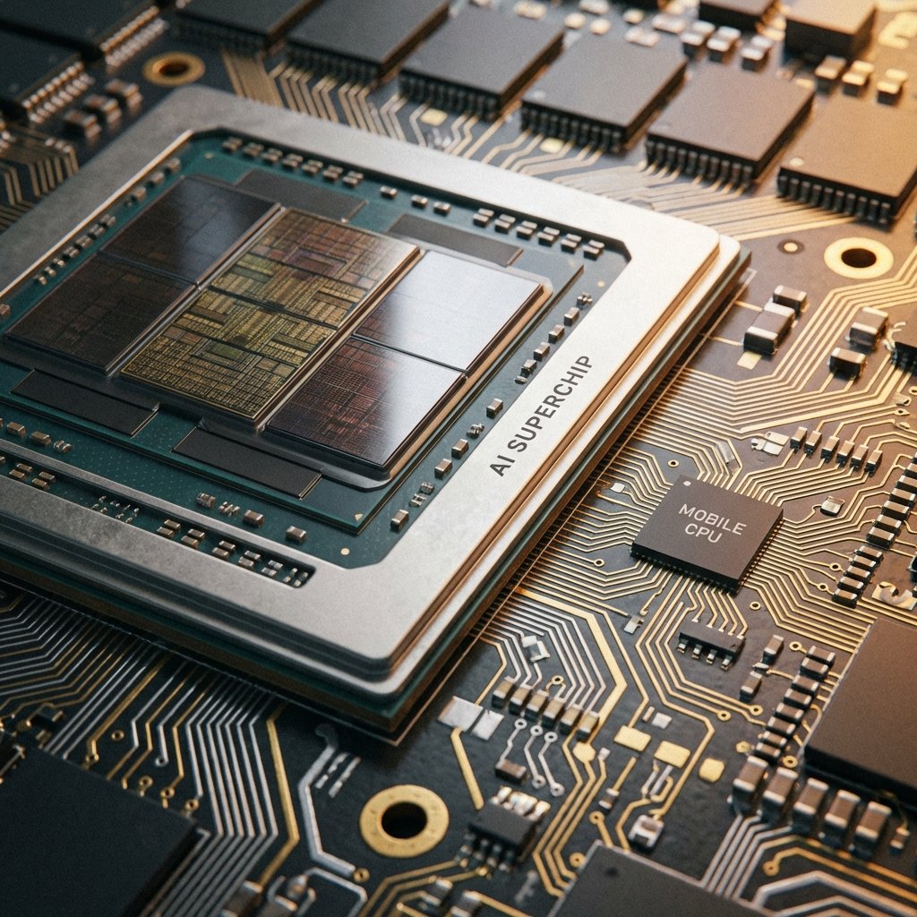 A comparison of a large AI GPU chip and a small smartphone processor on a circuit board, macro photography, cinematic lighting, gold and silver traces, 1:1