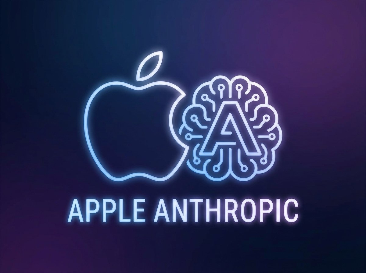 Minimalist high-tech representation of Apple logo and Anthropic AI integration, futuristic glow, Apple Anthropic theme, 4:3
