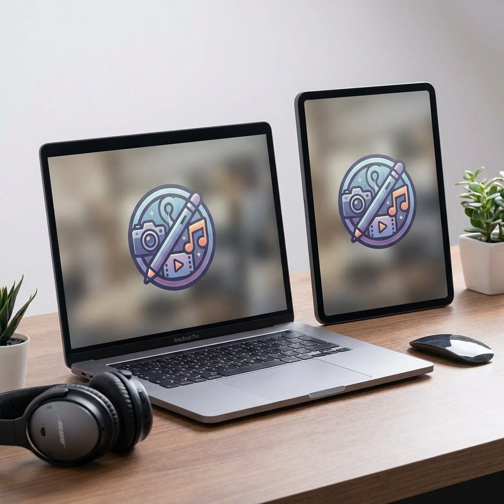 Apple Creator Studio bundle icon design on an iPad and Mac screen, professional creative setup with sleek hardware, professional studio lighting, minimalist and modern tech aesthetic, 1:1, no visible text