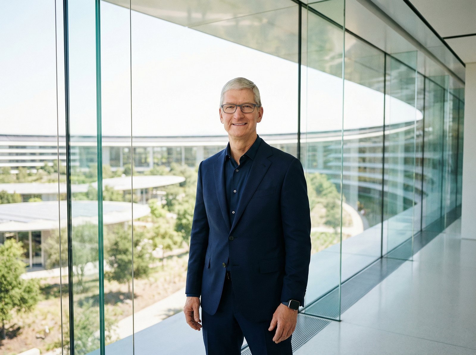 A professional and modern portrait of a tech CEO inspired by Tim Cook standing in front of a sleek glass-walled office with a view of a tech campus, realistic photography, bright natural lighting, 4:3