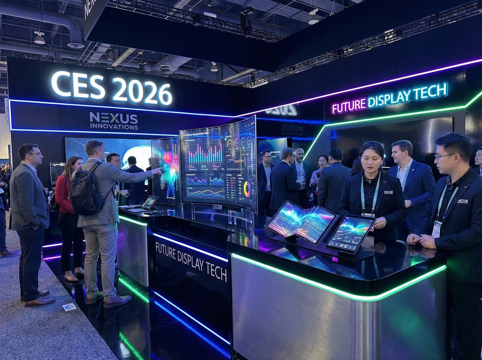 A high-tech exhibition booth at CES 2026, people looking at futuristic transparent and foldable displays, colorful ambient lighting, professional atmosphere, 4:3