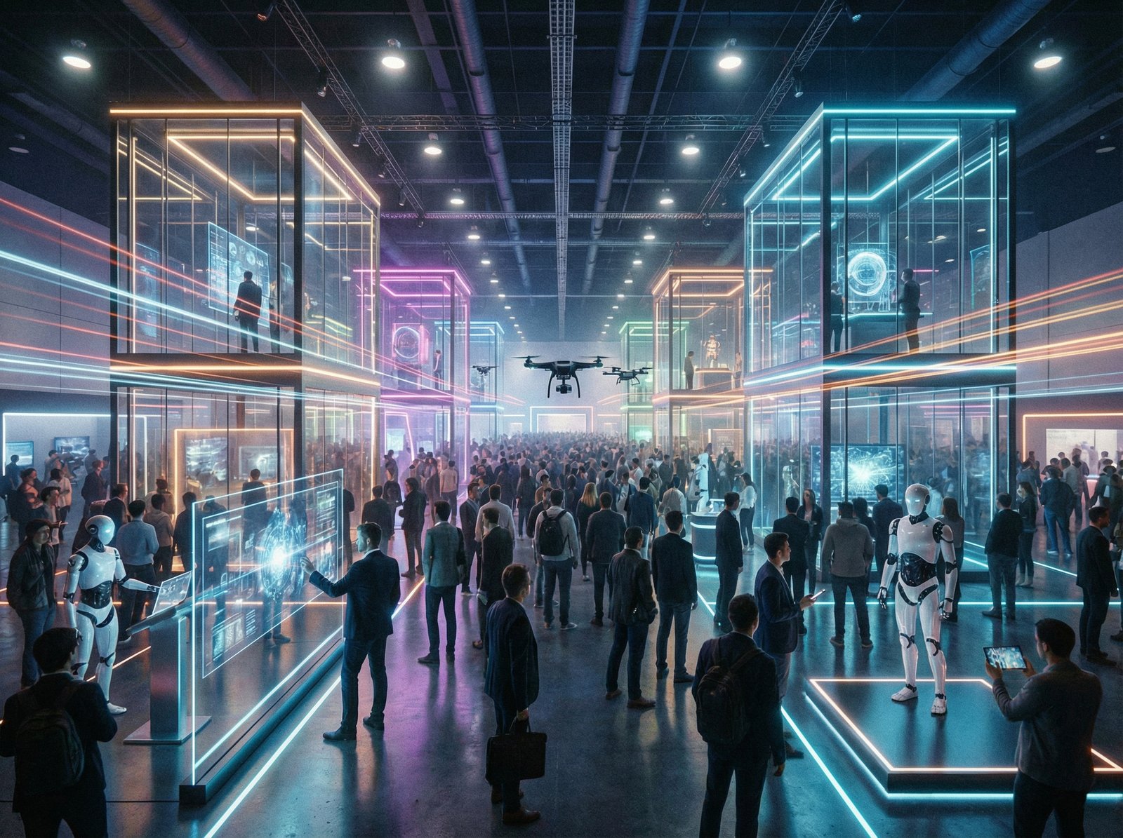 A wide-angle shot of a high-tech electronics show at CES in Las Vegas, futuristic booths with glowing neon lights, people interacting with transparent displays and robots, vibrant cinematic lighting, 4:3 aspect ratio, no text