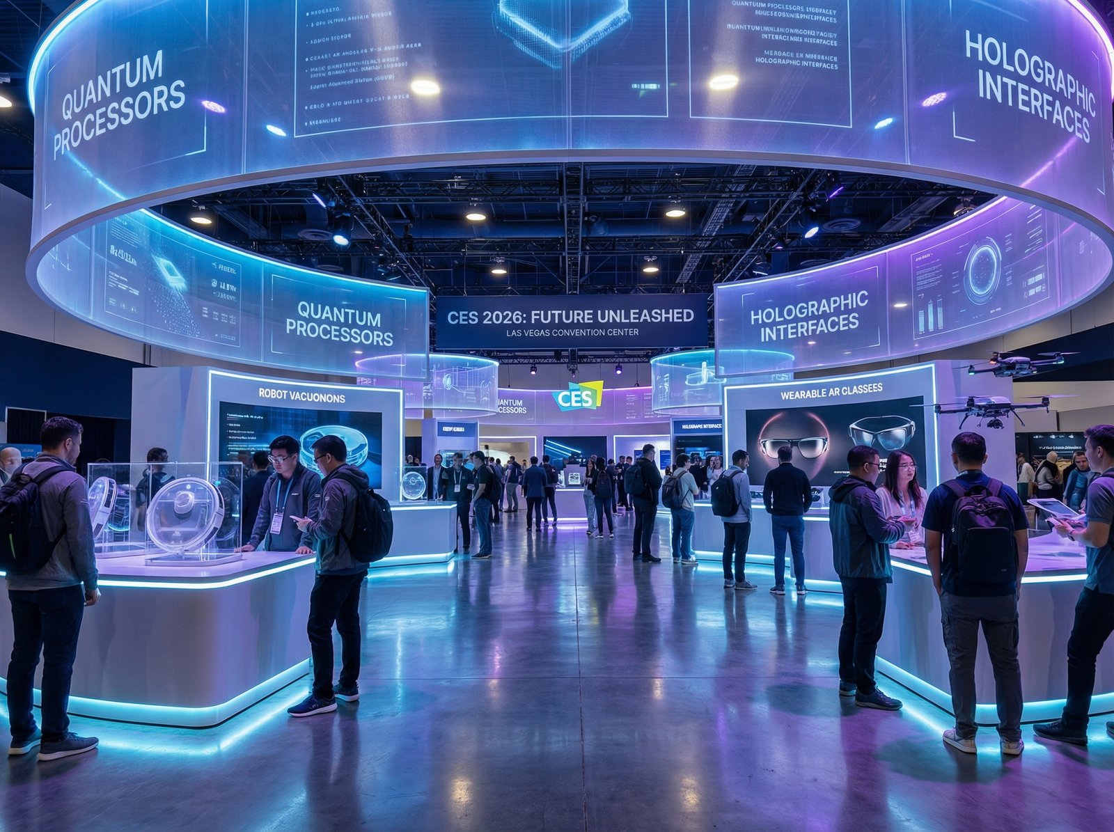 High-tech electronics exhibition hall at CES 2026 in Las Vegas, futuristic atmosphere with glowing displays and advanced gadgets, wide angle shot, 4:3