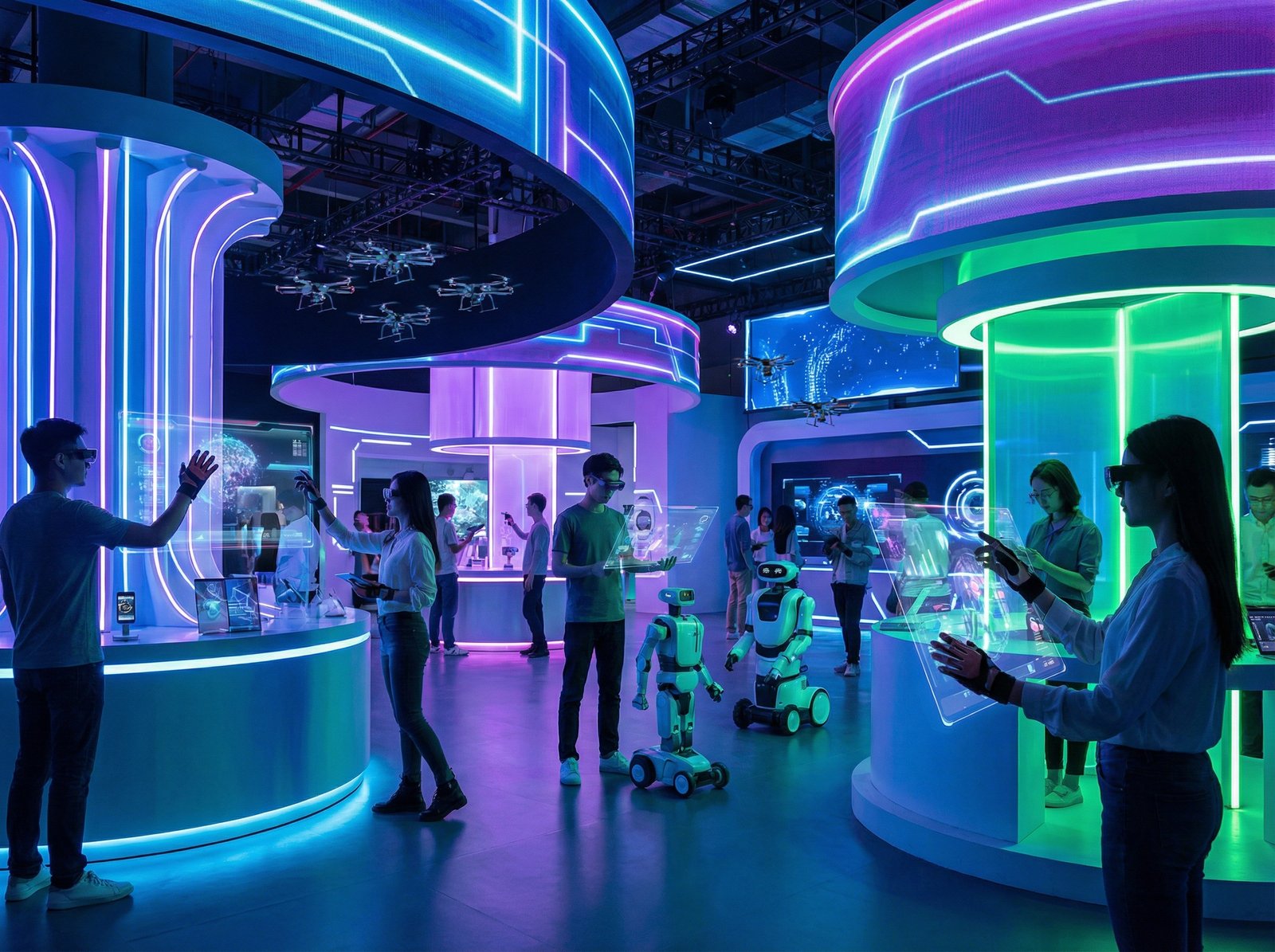 A futuristic technology exhibition hall with bright neon lights, various smart gadgets on display, people interacting with modern technology, high-tech atmosphere, 4:3 aspect ratio, no text.