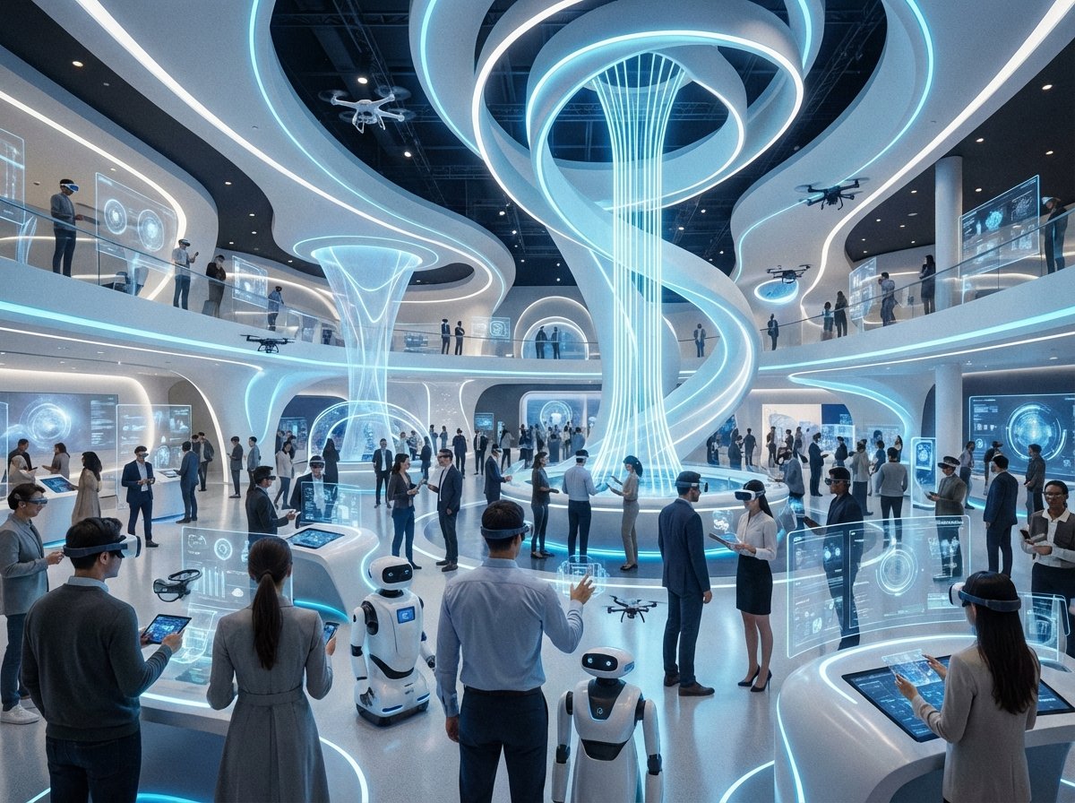 A wide-angle interior shot of a futuristic technology exhibition hall at CES 2026. High-tech displays, glowing screens, and crowds of people interacting with innovative gadgets. Vibrant blue and white lighting, modern architectural lines, 4:3 aspect ratio, no text.