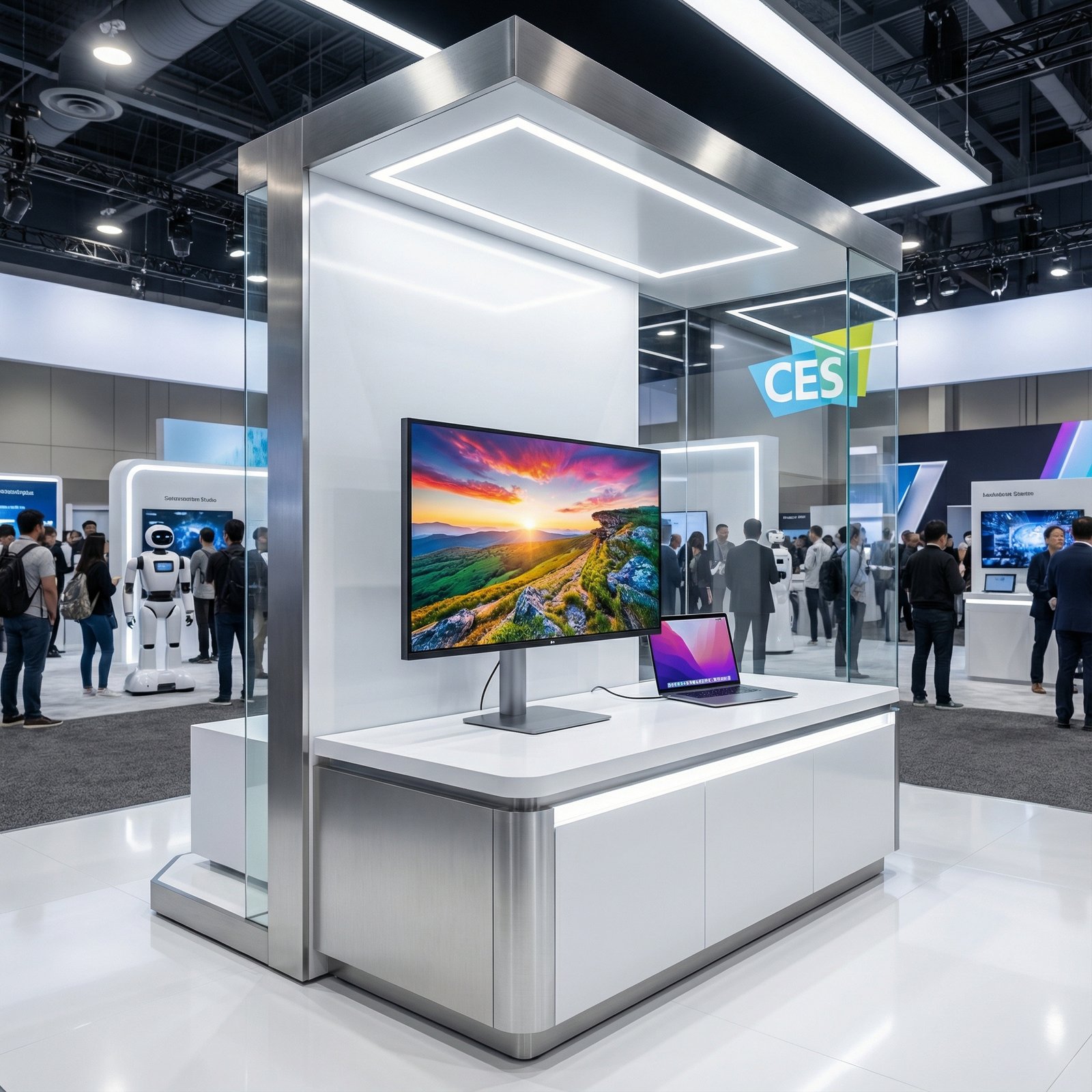 A clean high-tech exhibition booth at CES 2026 featuring a sleek 32-inch LG 6K monitor connected to a MacBook Pro, crisp display quality, NanoIPS panel, professional lighting, modern tech atmosphere, 1:1 aspect ratio, no text.