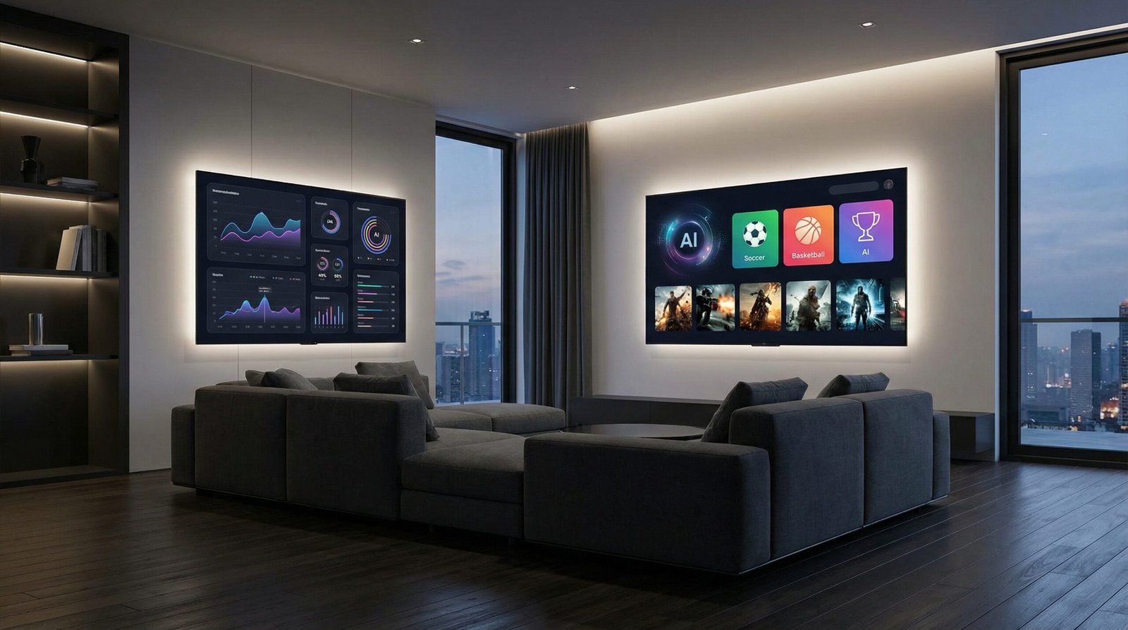 A modern living room with a large smart TV displaying a vibrant and visually rich AI interface with sports updates and movie recommendations, clean technology aesthetic, high contrast, 16:9 aspect ratio, no text