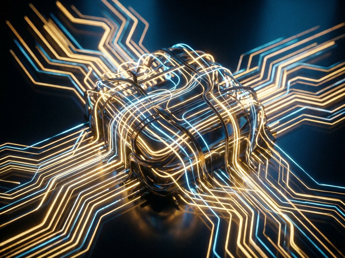 Abstract representation of high-speed data processing and neural engine paths. Glowing golden and blue circuits intertwining to form a powerful processor core. High contrast, cinematic lighting, 4:3 aspect ratio, no text.