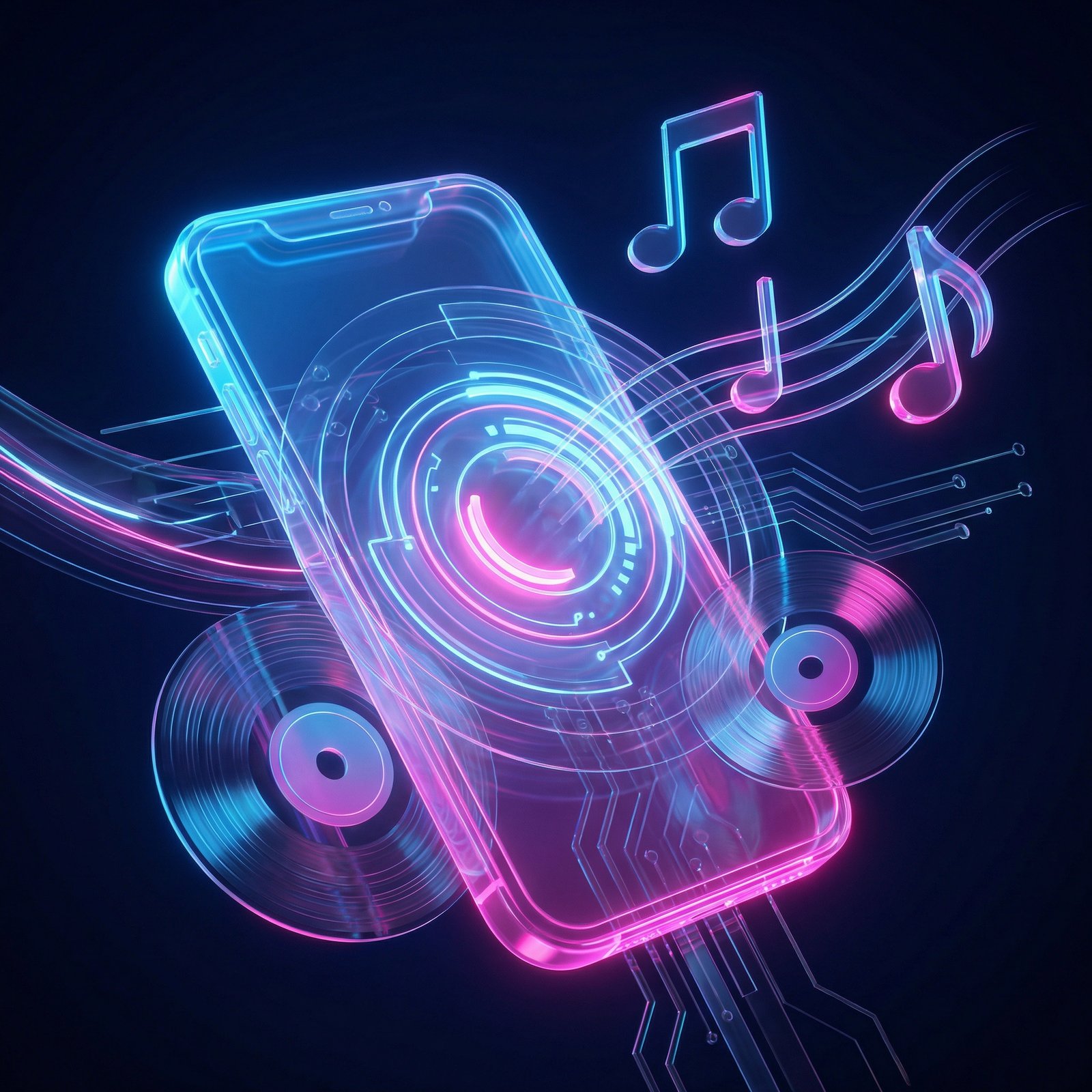 A futuristic 3D illustration showing a fusion of a smartphone with ChatGPT interface and floating musical notes and vinyl records, vibrant blue and pink lighting, modern tech aesthetic, 1:1 aspect ratio, no visible text.