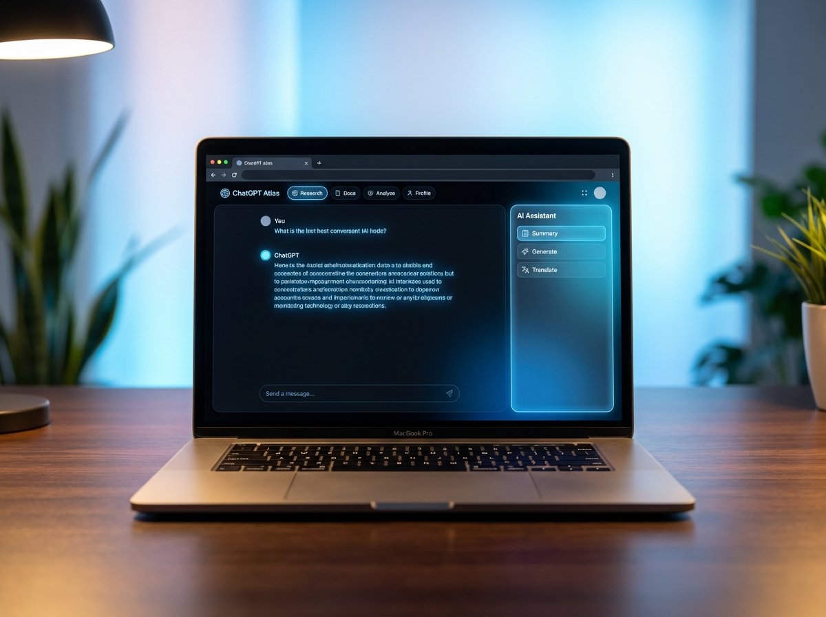 A modern and sleek web browser interface showcasing OpenAI's ChatGPT Atlas on a high-end laptop. The screen shows a clean layout with multiple open tabs and a futuristic AI sidebar. The background is a soft gradient of blue and white, creating a professional tech atmosphere. Cinematic lighting, high quality photography. 4:3