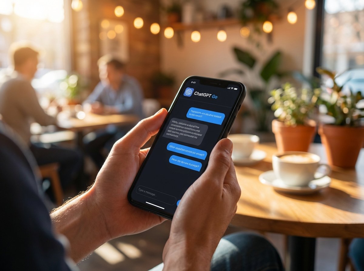 A person holding a modern smartphone displaying a sleek AI chatbot interface with a subtle 'ChatGPT Go' logo. The background is a cozy, brightly lit cafe with soft bokeh. 4:3, no visible text.