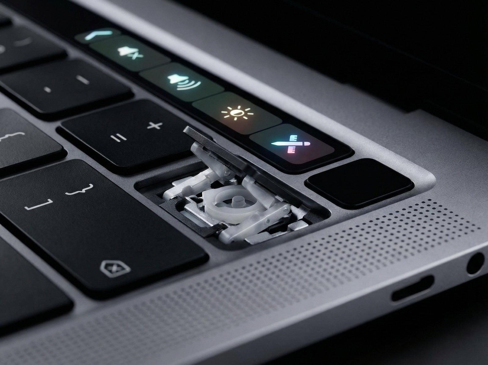 A close-up, detailed composition of the Magic Keyboard and Touch Bar on a 2020 MacBook Pro. The focus is on the intricate design and functionality of the keys and the Touch Bar interface. Modern layout, high contrast, no visible text, aspect ratio 4:3.