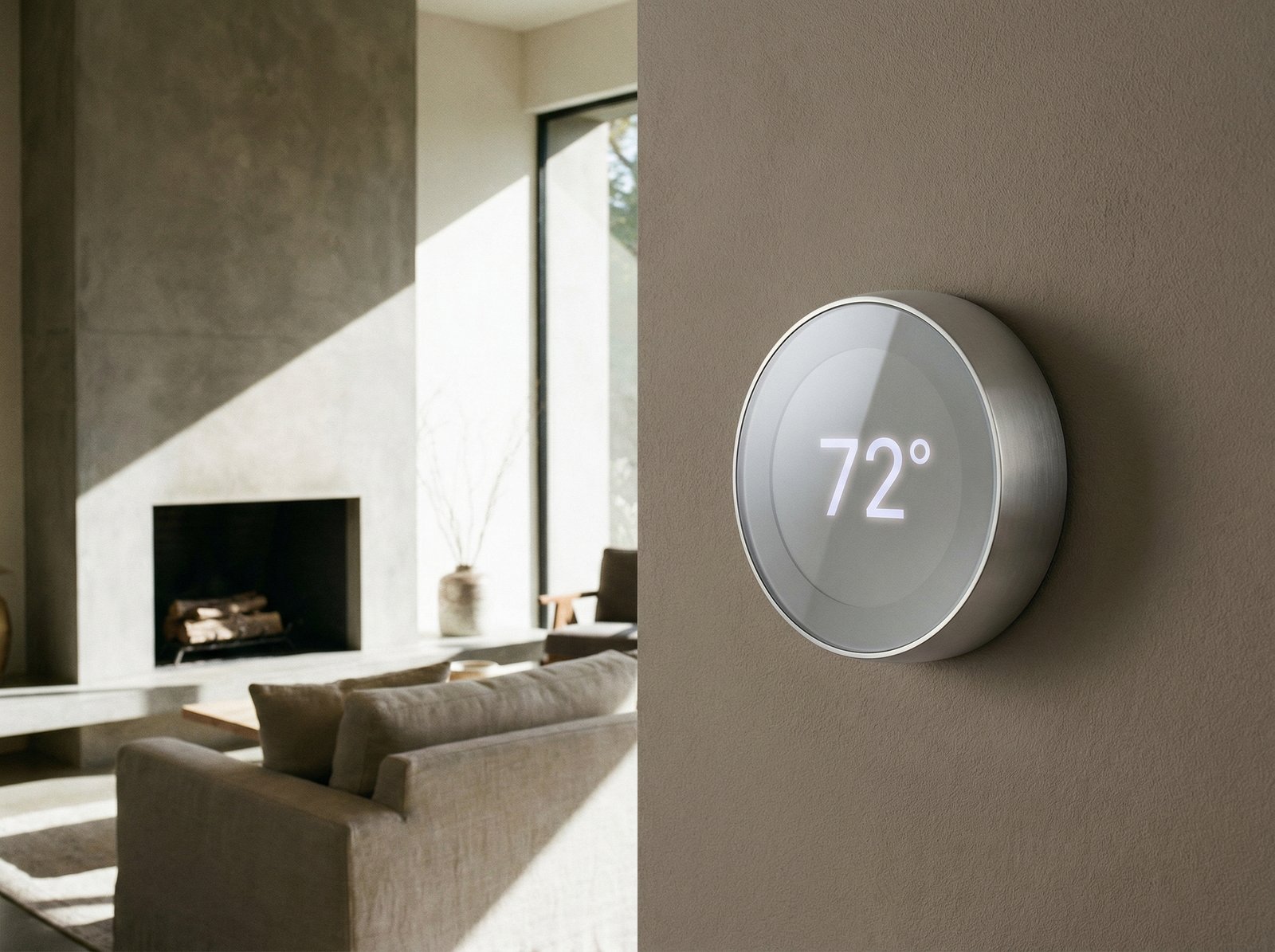 A sleek and minimalist smart thermostat mounted on a modern neutral-colored wall. The device features a large clear digital display showing temperature numbers in a soft white glow. The background is a contemporary living room with soft natural lighting, high contrast, 4:3 aspect ratio, no text.