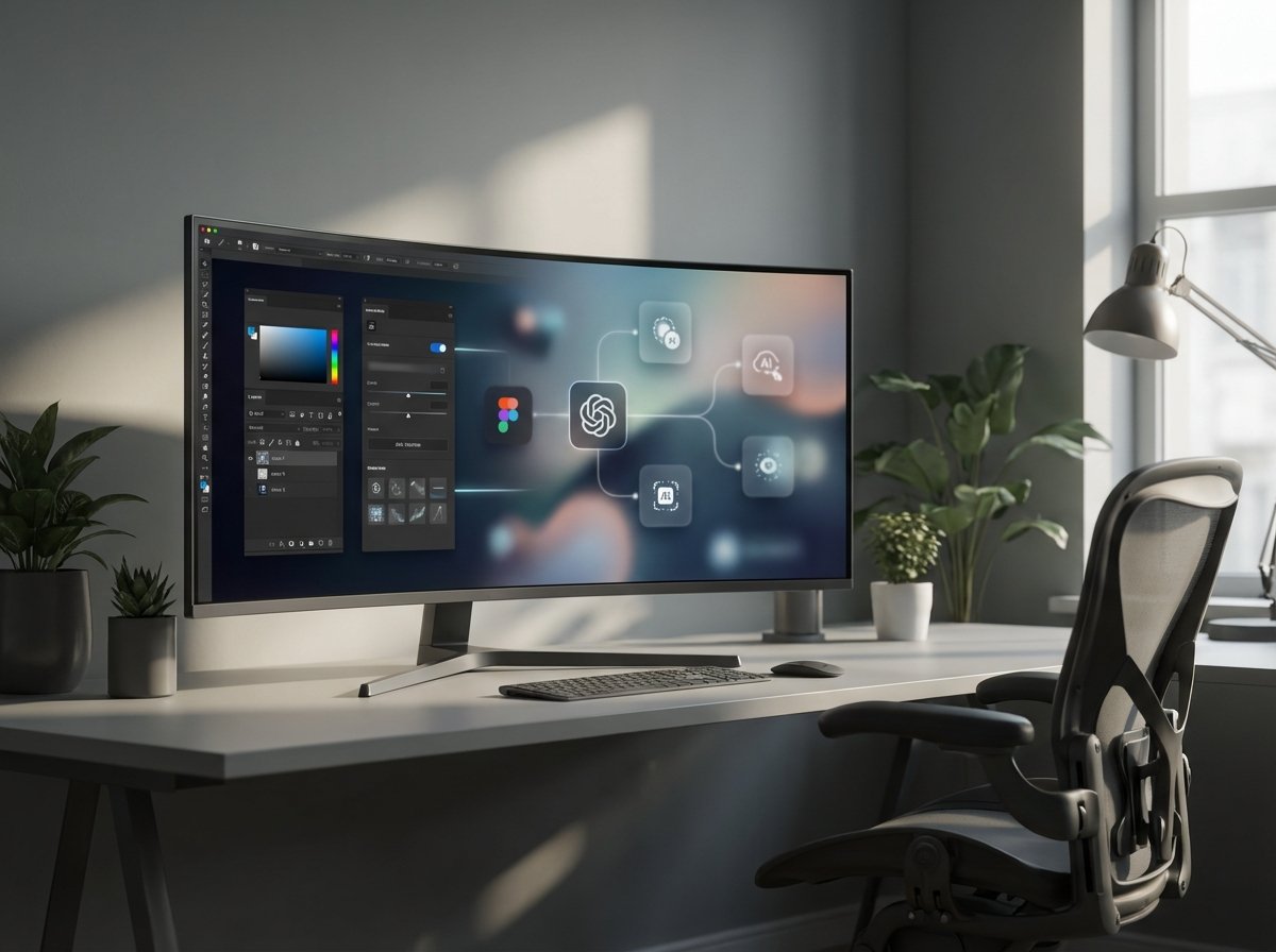 A modern creative professional workspace with a high-end monitor displaying the Adobe Firefly interface combined with OpenAI GPT visual elements, soft cinematic lighting, minimalist office interior, 4:3, no visible text