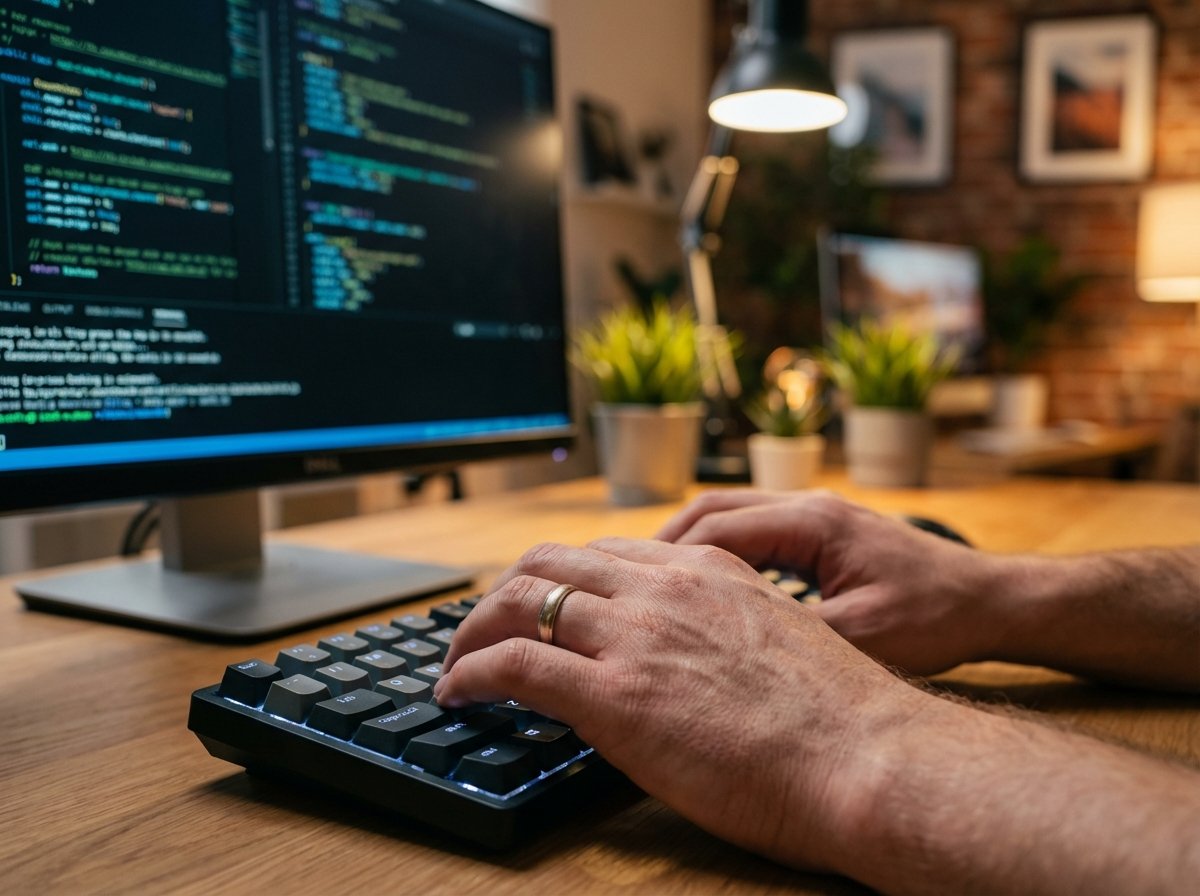 Close-up of hands typing on a modern keyboard, glowing screen with code and text, creative studio background with soft lighting, depth of field, 4:3, no visible text