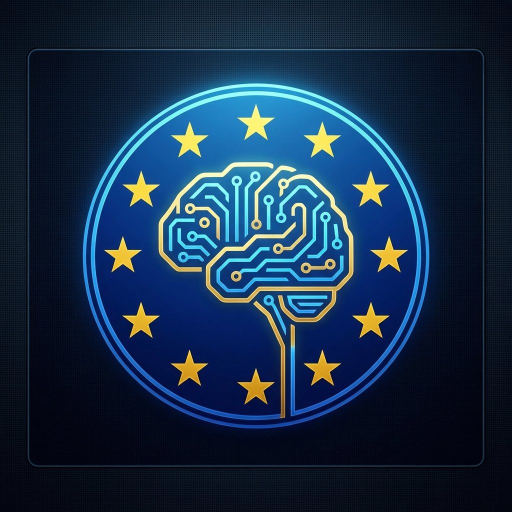A professional digital illustration of a futuristic AI symbol integrated with the European Union flag colors, clean layout, high contrast, 1:1