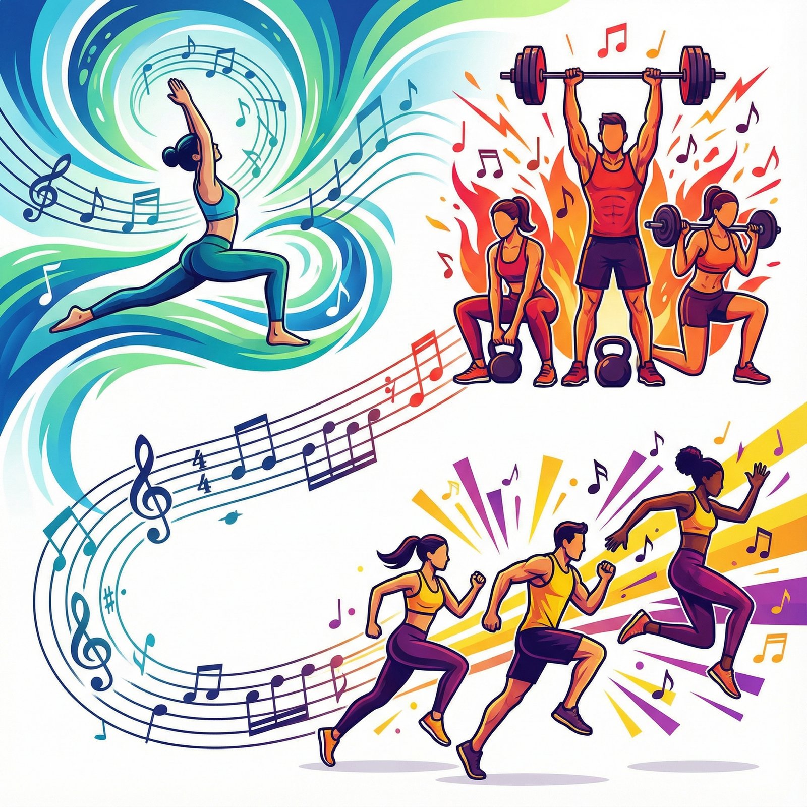 A vibrant illustration of different workout types (yoga, strength, HIIT) with music notes, clean infographic style, high contrast, no visible text, aspect ratio 1:1