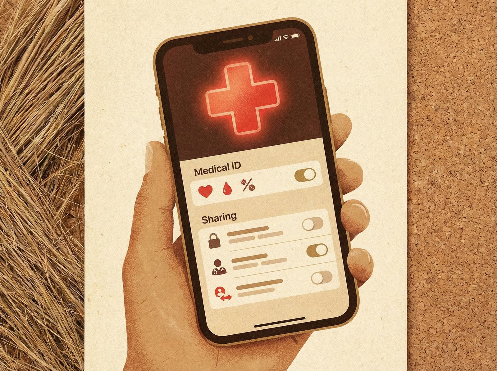 An illustration of an iPhone screen displaying the Medical ID and sharing options within the Apple Health app, emphasizing privacy and emergency features. Artistic rendering, textured background, no visible text, 4:3 aspect ratio.