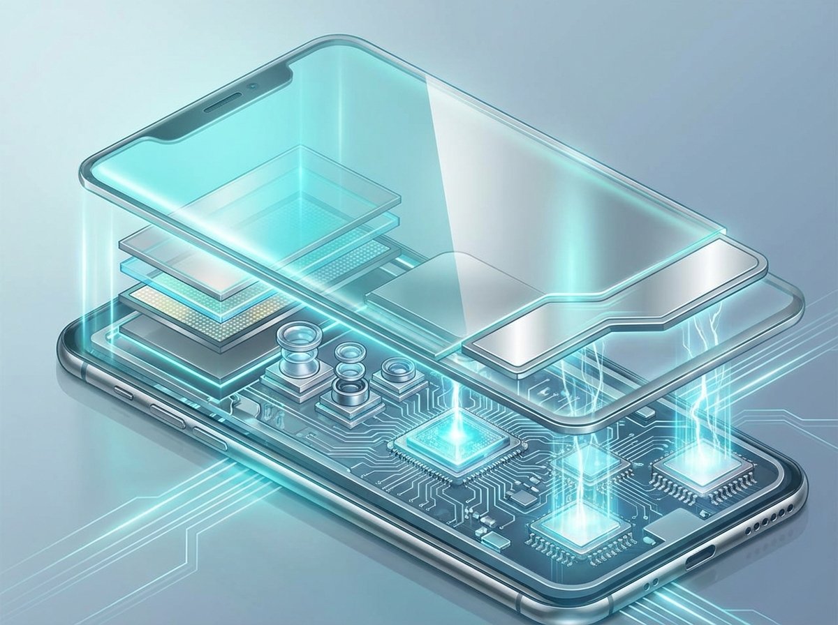 Modern technology infographic showing a cross-section of a smartphone screen, light sensors and lenses hidden underneath a semi-transparent display panel, futuristic glow, high-tech aesthetic, cyan and silver color palette, 4:3 aspect ratio, no visible text.