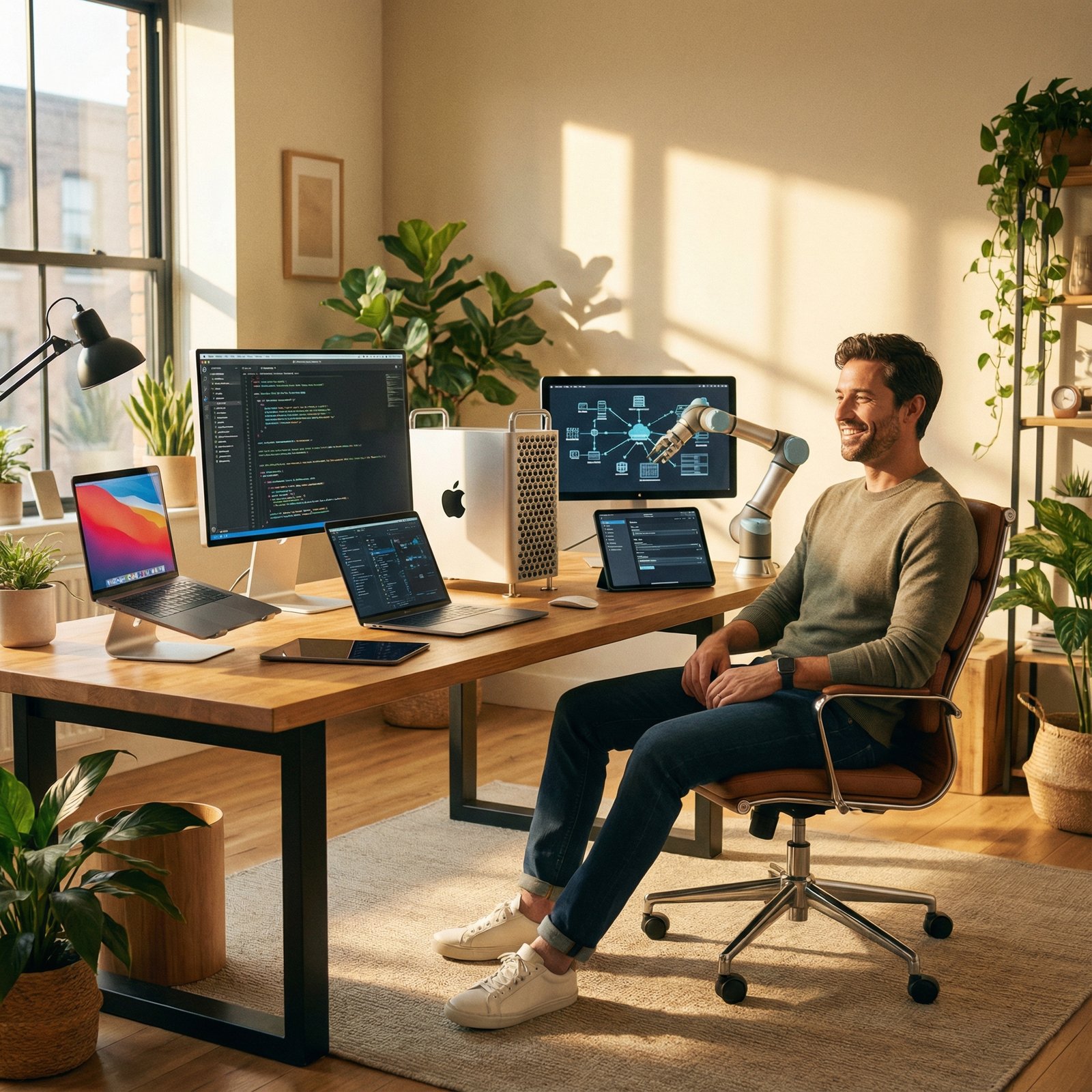 A modern office environment where an IT professional is efficiently managing multiple Mac devices. The scene should convey automation and smart tools at work. Lifestyle photography, warm lighting. No visible text. Aspect ratio 1:1.