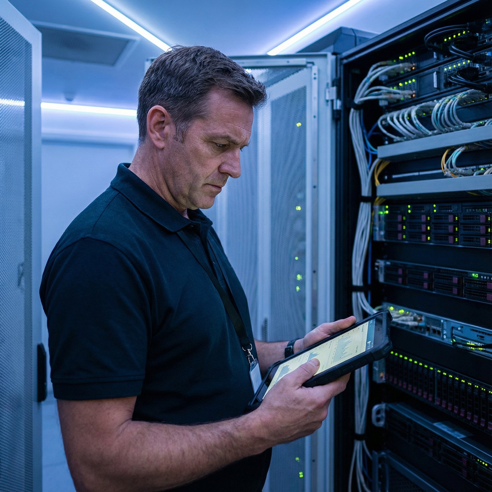 A professional IT administrator in a modern server room, holding a tablet and checking system status, soft blue ambient light, realistic photography, focused expression, 1:1, no text
