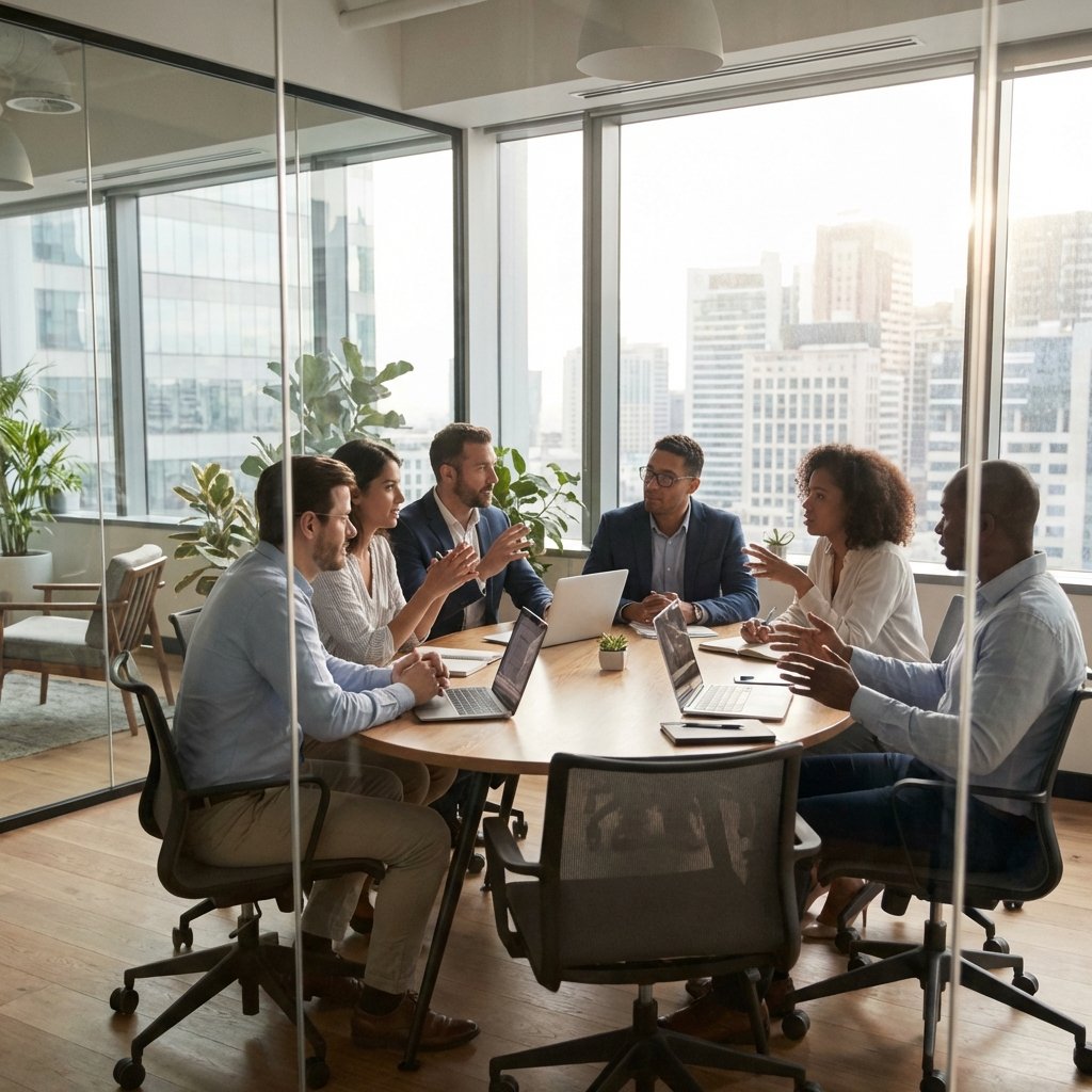 Professional tech executives gathered in a modern glass-walled conference room discussing strategy, diverse group, urban office background, soft natural lighting, 1:1 aspect ratio, no text.