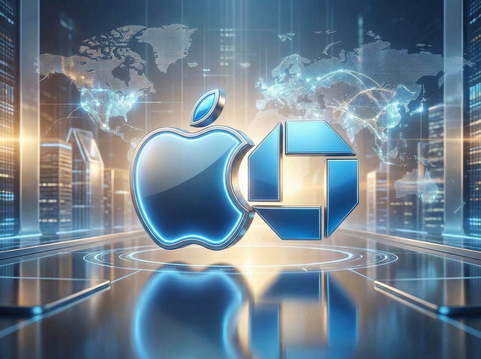 A modern and sleek conceptual image showing the fusion of Apple's minimalist branding with the professional corporate identity of JPMorgan Chase. A glowing Apple logo and a subtle Chase logo are integrated into a clean, digital banking background with a warm, sophisticated blue and silver color palette. 4:3 aspect ratio, no text.