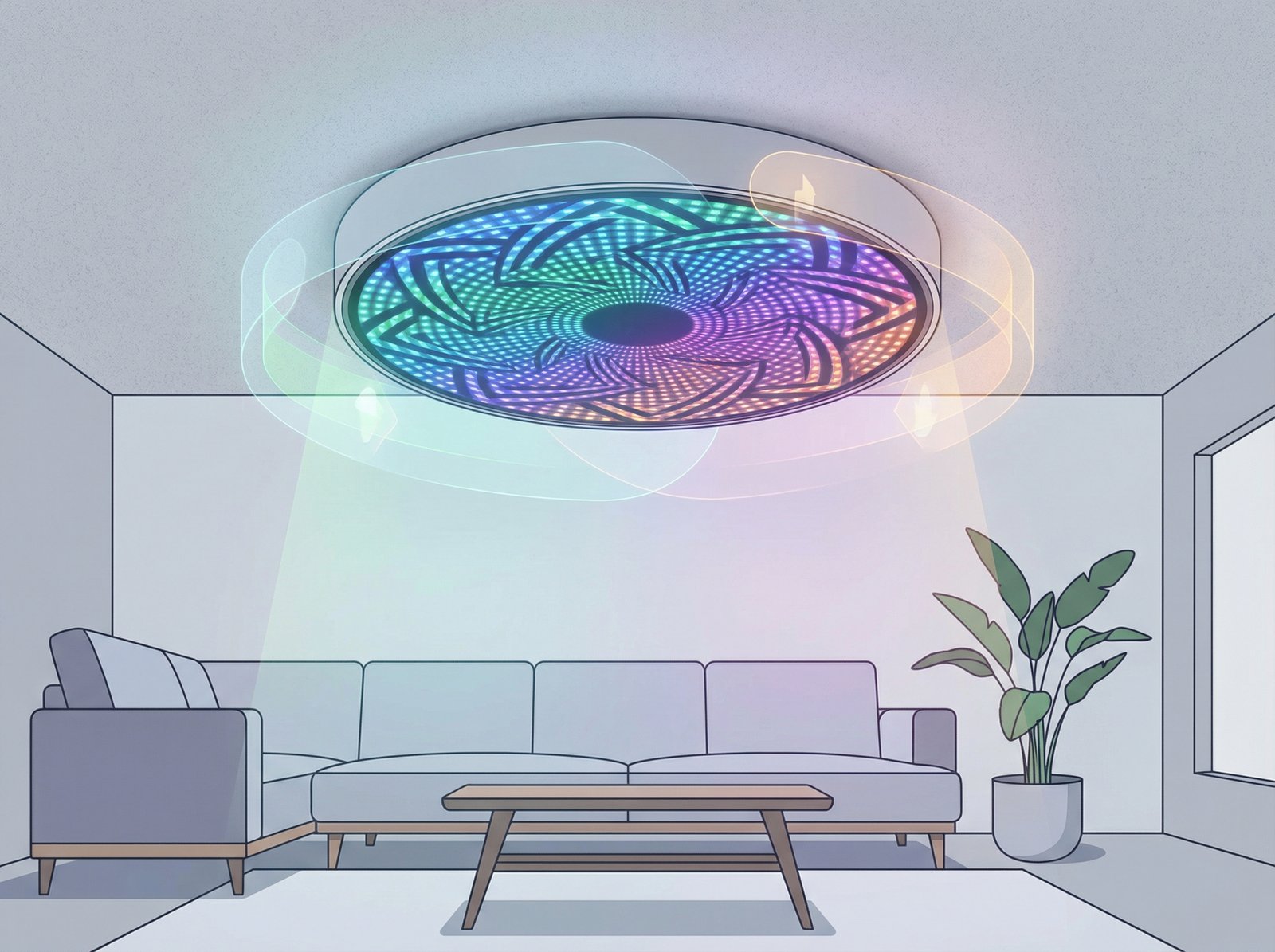 An intricate LED matrix display on a Govee Ceiling Light Ultra, showing detailed patterns and vibrant color transitions in a living room. Modern, clean infographic style, 4:3 aspect ratio, no visible text, textured background, bright balanced lighting, centered focus.