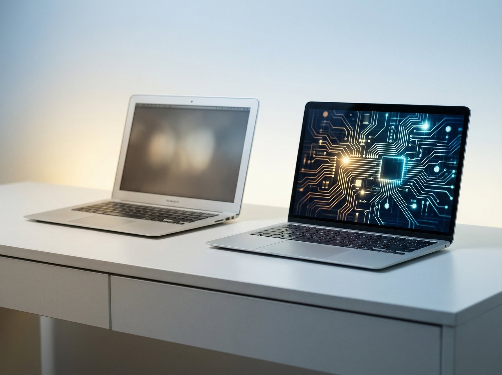 A sleek, modern M1 MacBook Air next to an earlier Intel MacBook Air. The M1 is brightly lit, while the Intel model has a slightly softer focus, symbolizing the transition. Informational style, clean infographic look, modern layout, high contrast. 4:3 aspect ratio, no visible text.