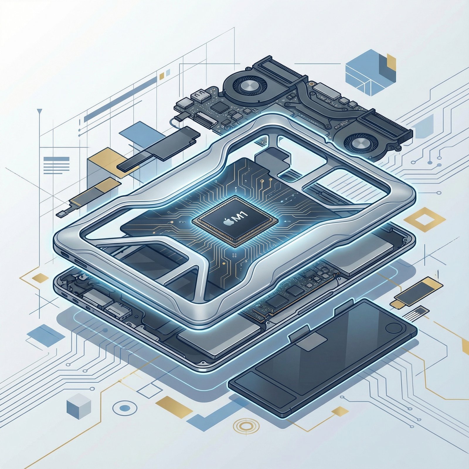 A detailed, stylized illustration of an M1 MacBook Air's internal structure, highlighting a robust aluminum unibody and the M1 chip. The background should be a modern, clean infographic style. No visible text. Aspect ratio 1:1.