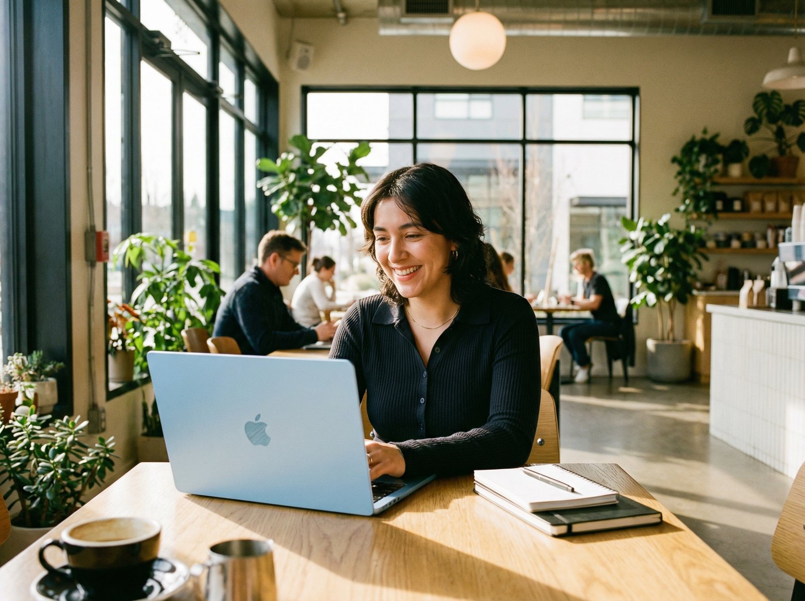 A person working on a new 13-inch MacBook Air with an M4 chip in a sky blue color. The setting is a modern, bright office or cafe. Lifestyle photography, warm lighting, natural setting, 4:3 aspect ratio, no visible text.