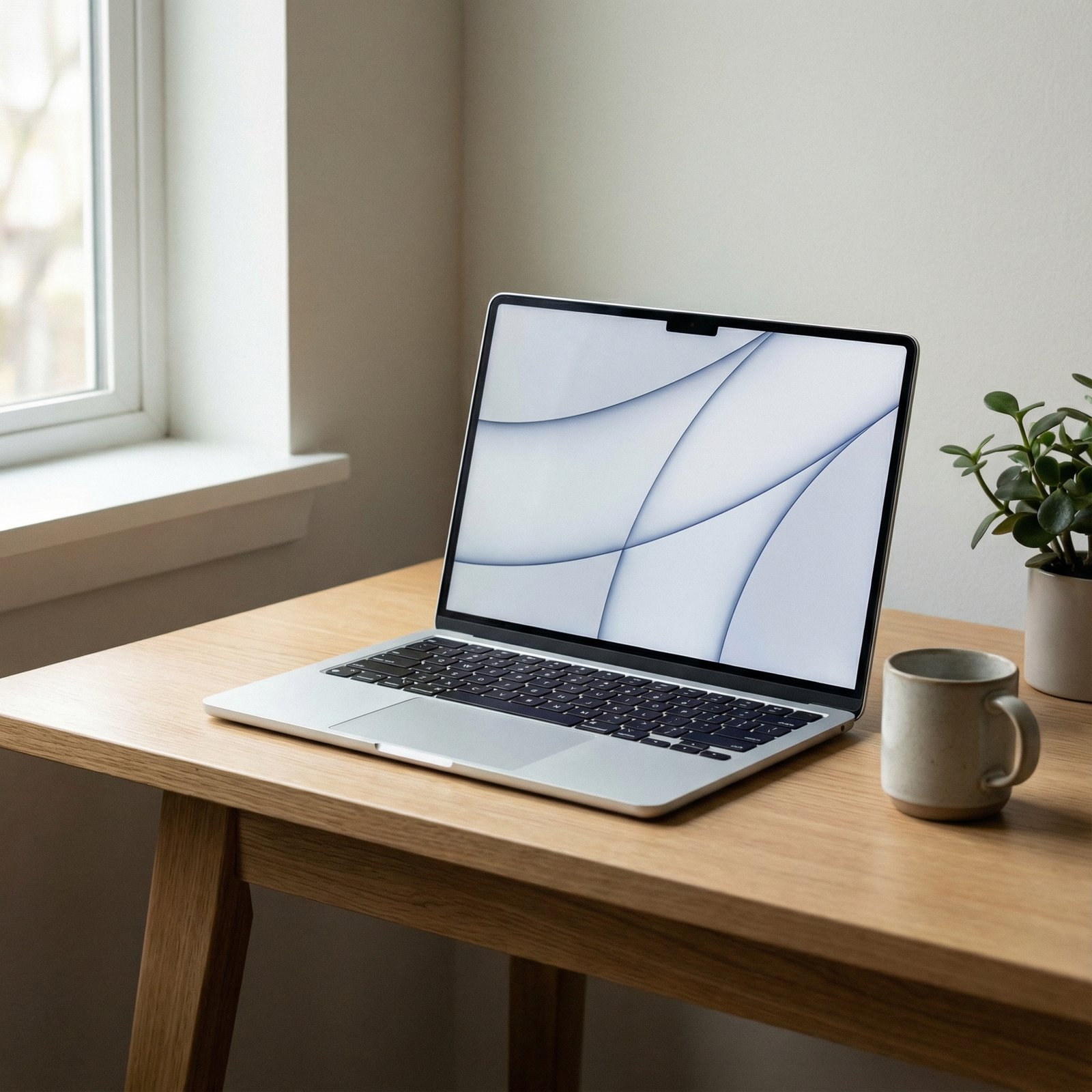 A sleek and modern silver M4 MacBook Air open on a clean wooden desk, minimalist aesthetic, natural window lighting, high quality lifestyle photography, 1:1 aspect ratio, no text