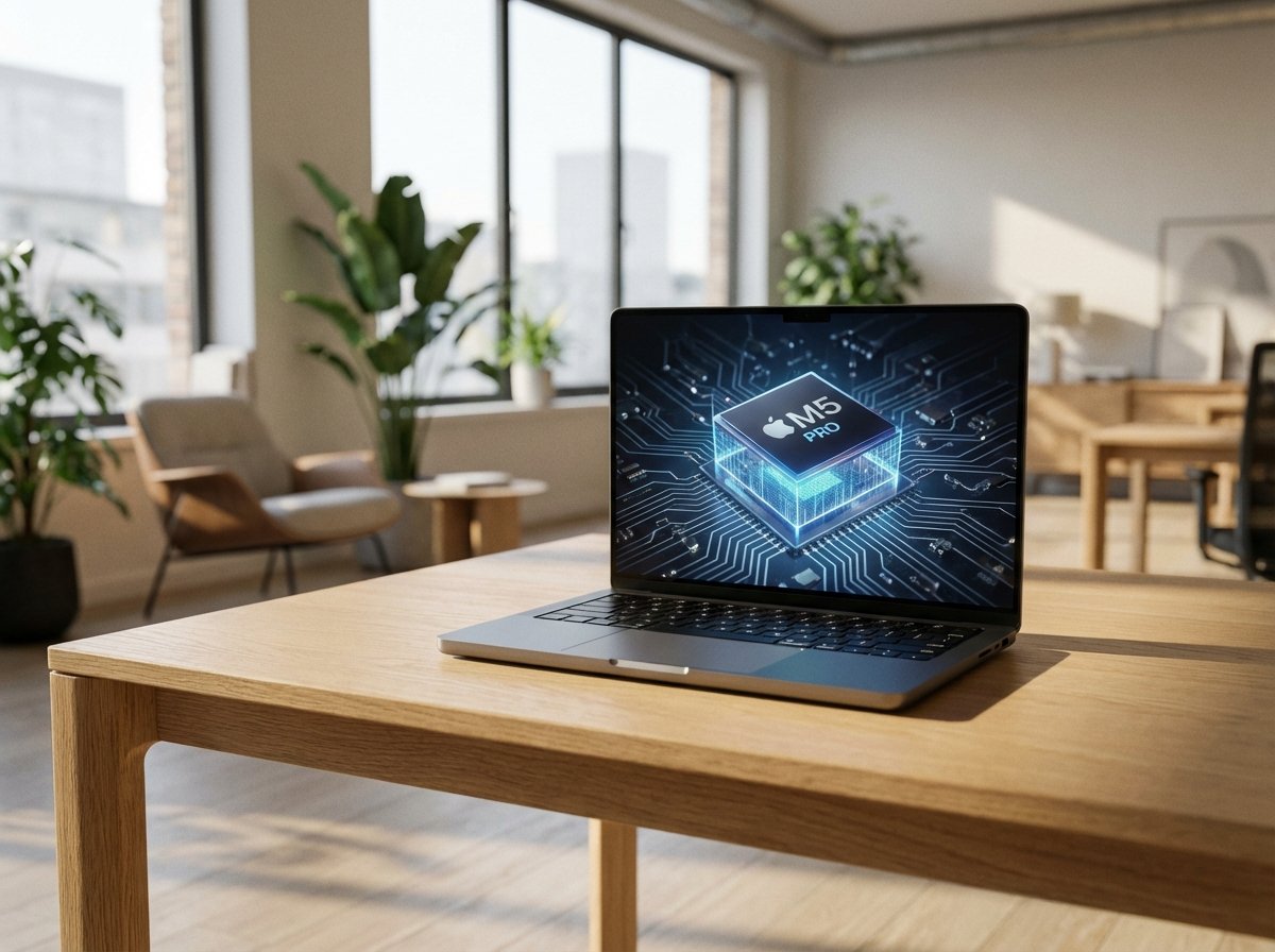 A sleek, modern 14-inch MacBook Pro sitting on a clean wooden desk in a bright office environment. On the screen, a futuristic glowing Apple M5 Pro chip is displayed as a 3D hologram. High-end lifestyle photography, 4:3 aspect ratio, no text.