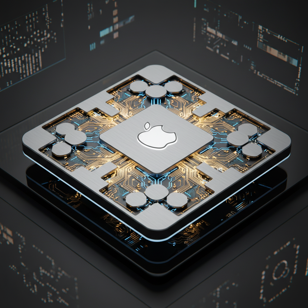 A futuristic high-tech Apple M6 Silicon chip glowing with golden and blue light circuits, clean metallic surface, cinematic lighting, 4:3