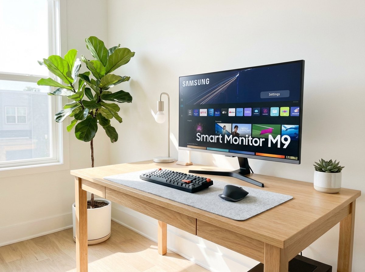 A clean and modern home office setup featuring a Samsung Smart Monitor M9 on a wooden desk, aesthetic desk accessories, plant in the corner, bright daylight, professional workspace vibe, 4:3