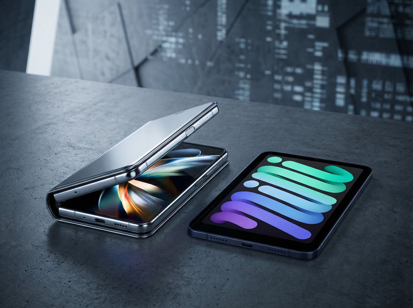 A stylized image of a futuristic foldable iPhone in a book-like design, partially open to reveal an OLED screen. Next to it, a sleek iPad mini displaying a vibrant OLED screen. Modern, high-contrast design with a subtle textured background. Aspect ratio 4:3, no visible text, no Korean text.
